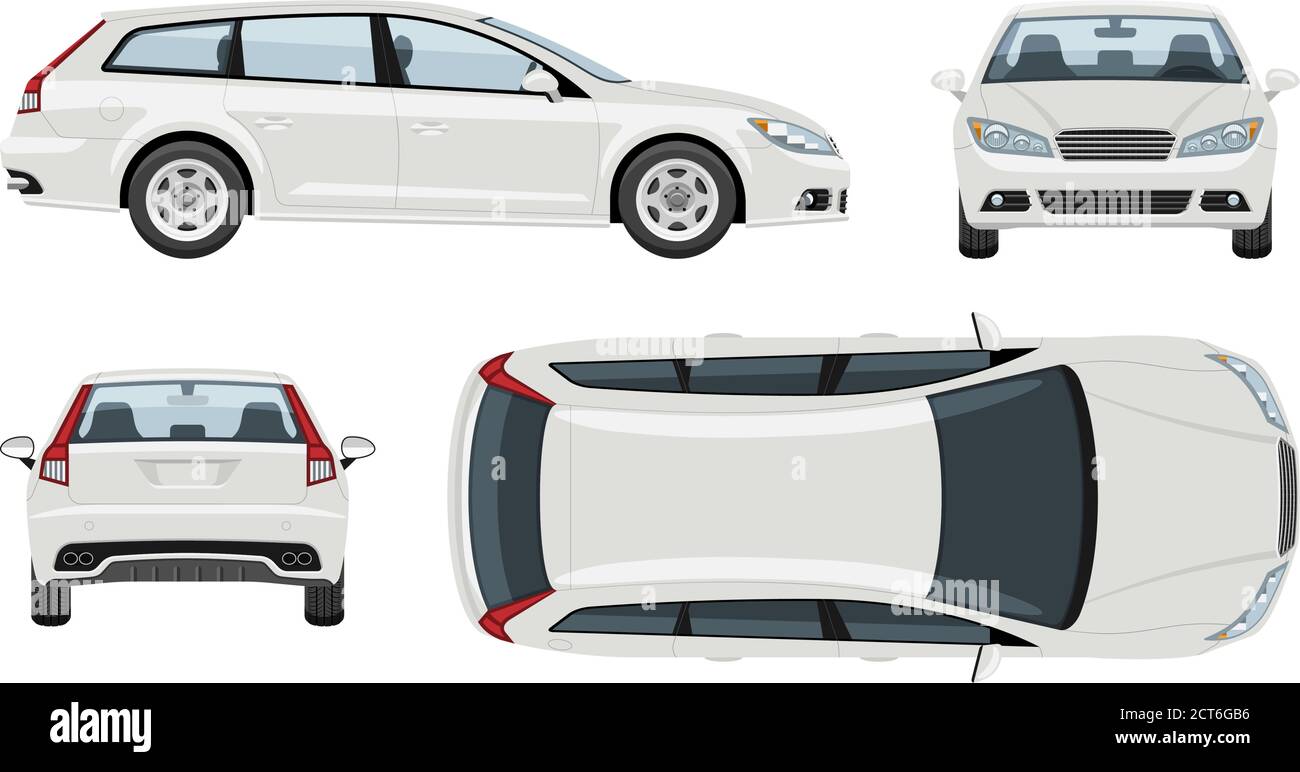 White station wagon car vector template with simple colors without gradients and effects. View from side, front, back, and top Stock Vector