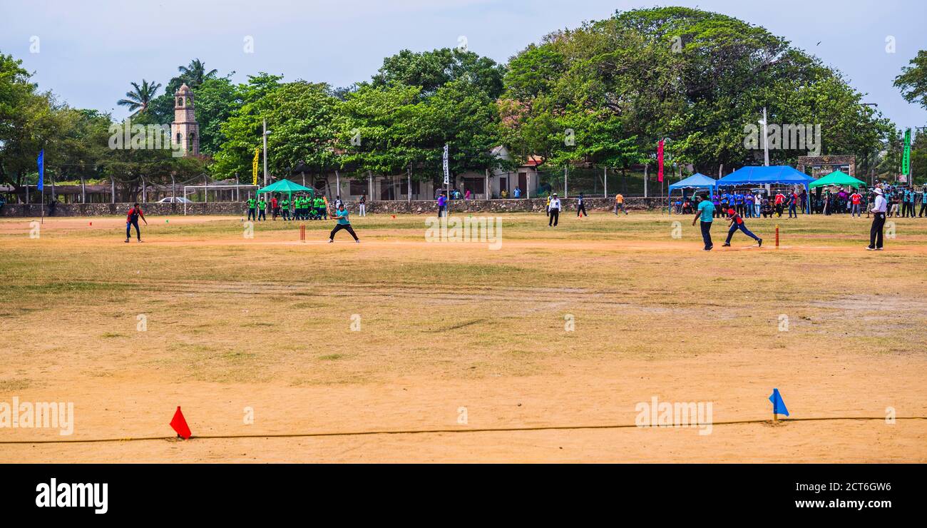 Sri Lankan people playing cricket in front of the Dutch Fort, Negombo, Sri Lanka, Asia Stock Photo