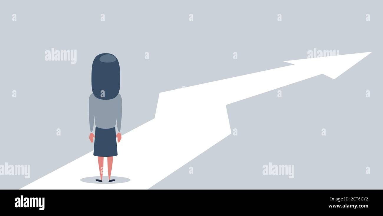 Business growth vector concept with woman walking towards upwards arrow ...