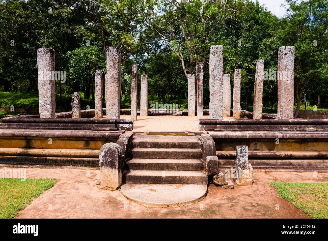 Sacred City of Anuradhapura, stone pillar ruins at the Abhayagiri Monastery, Sri Lanka, Asia Stock Photo