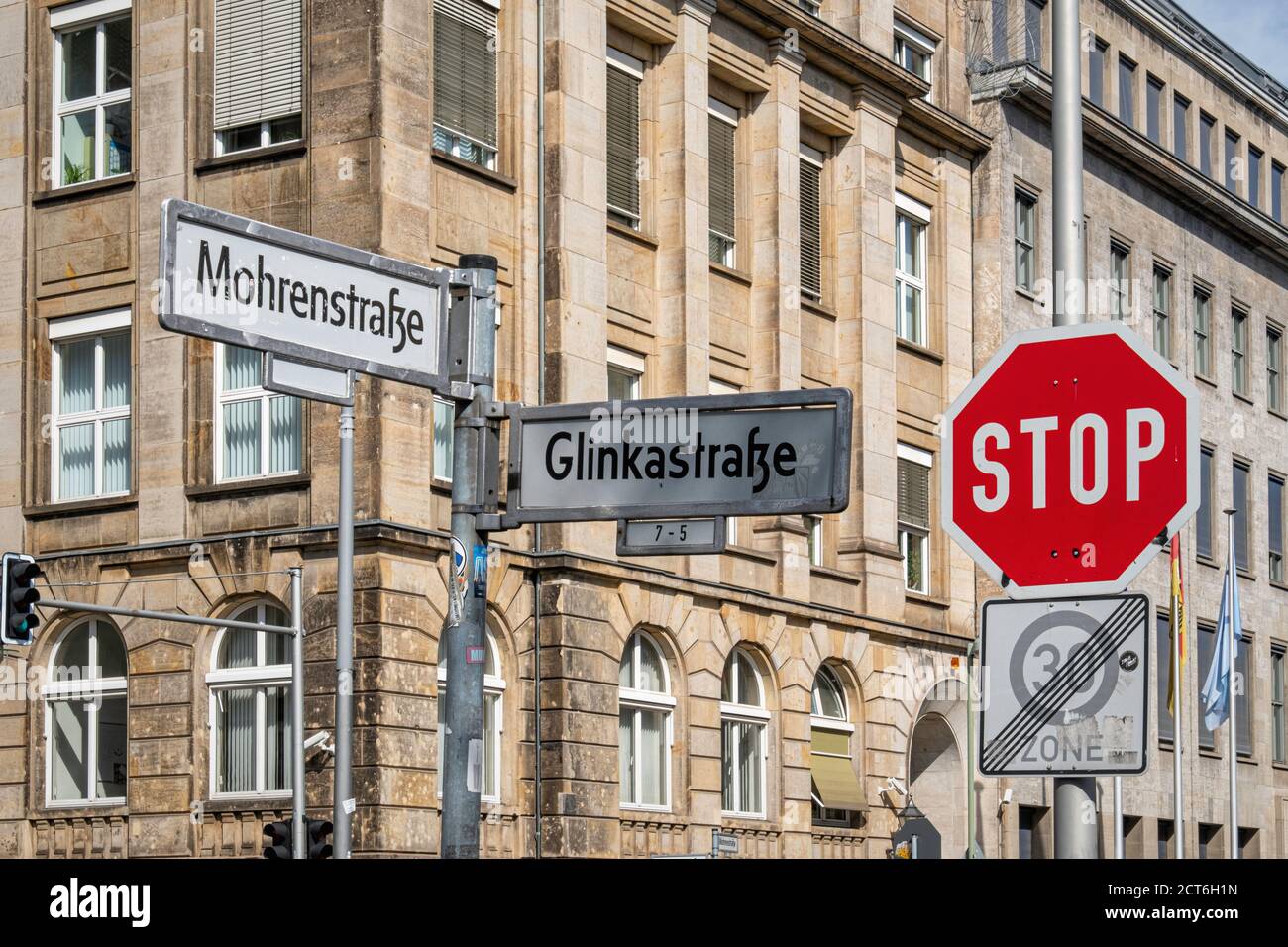 Mohrenstrasse sign & Glinkastrasse street signs. Mohrenstrasse is soon to be renamed Anton-Wilhelm-Amo-Strasse after the recent BLM protests. - Berlin Stock Photo