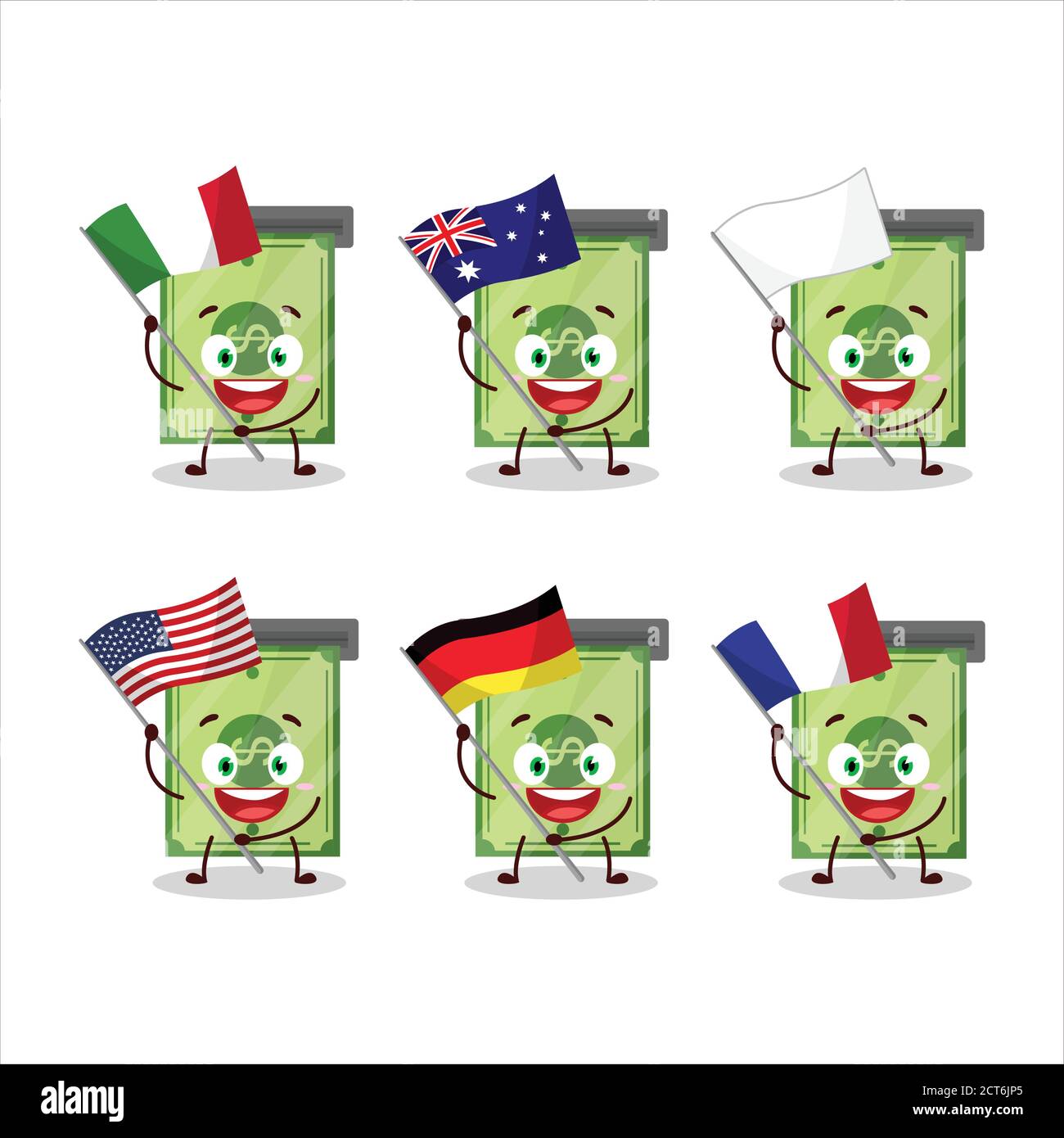 Money slot cartoon character bring the flags of various countries Stock Vector