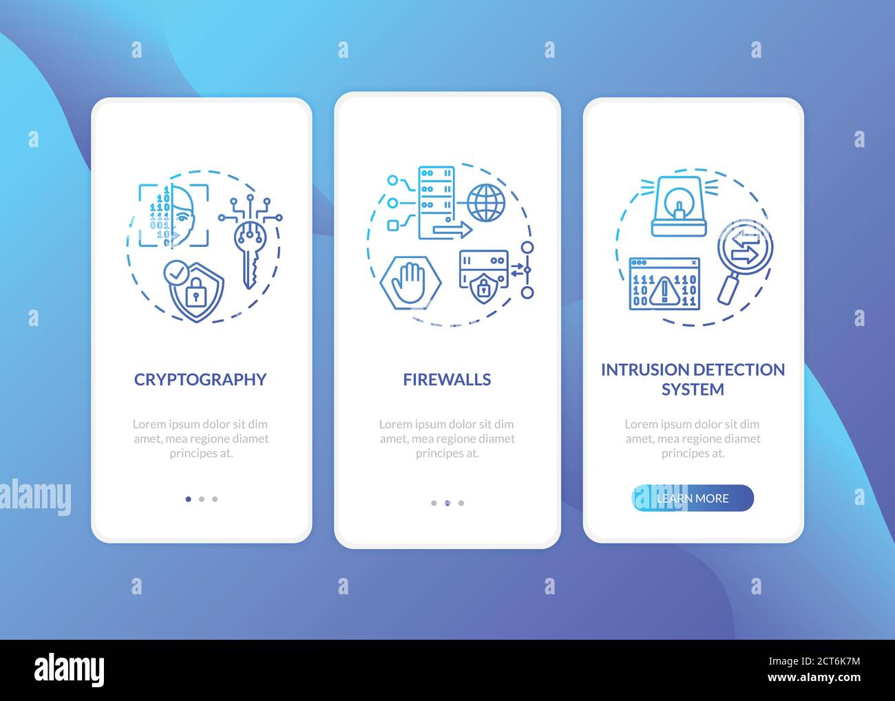 Cybersecurity measures onboarding mobile app page screen with concepts Stock Vector