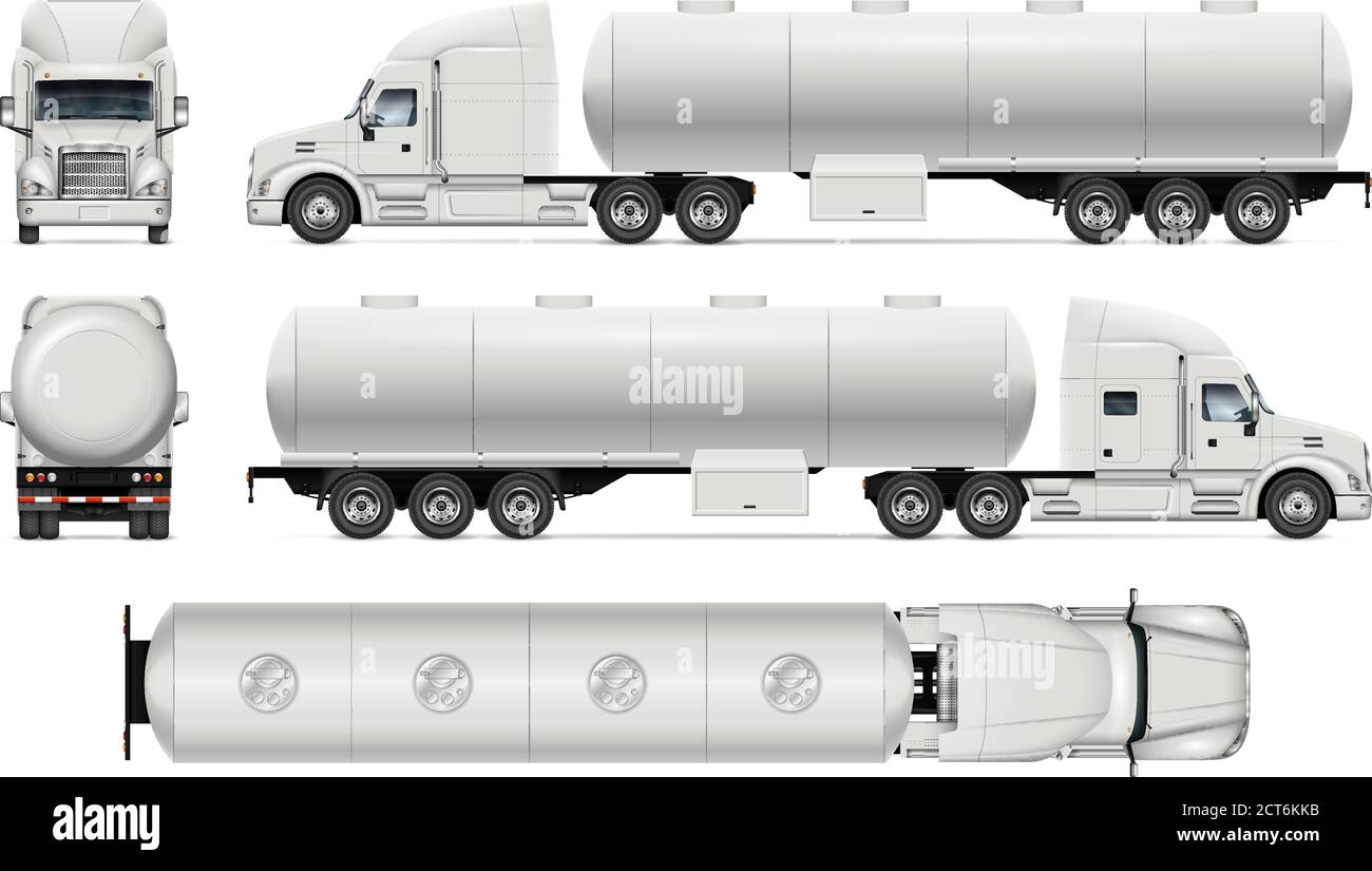 Tanker truck vector mockup on white for vehicle branding, corporate identity. All elements in the groups on separate layers for easy editing Stock Vector