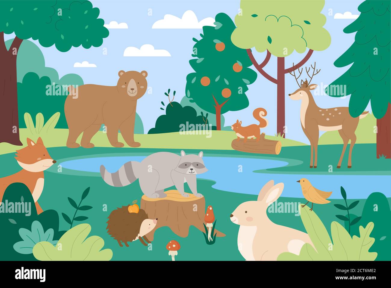 Animals in summer forest vector illustration. Cartoon flat funny animalistic characters enjoy summertime scenic green trees and natural blue lake together, cute forest wild nature scenery background Stock Vector