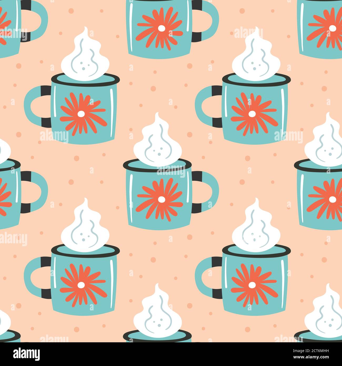 Light blue cup with steam seamless pattern, texture, background. Hot drink. Autumn illustration, element. Vector. Stock Vector