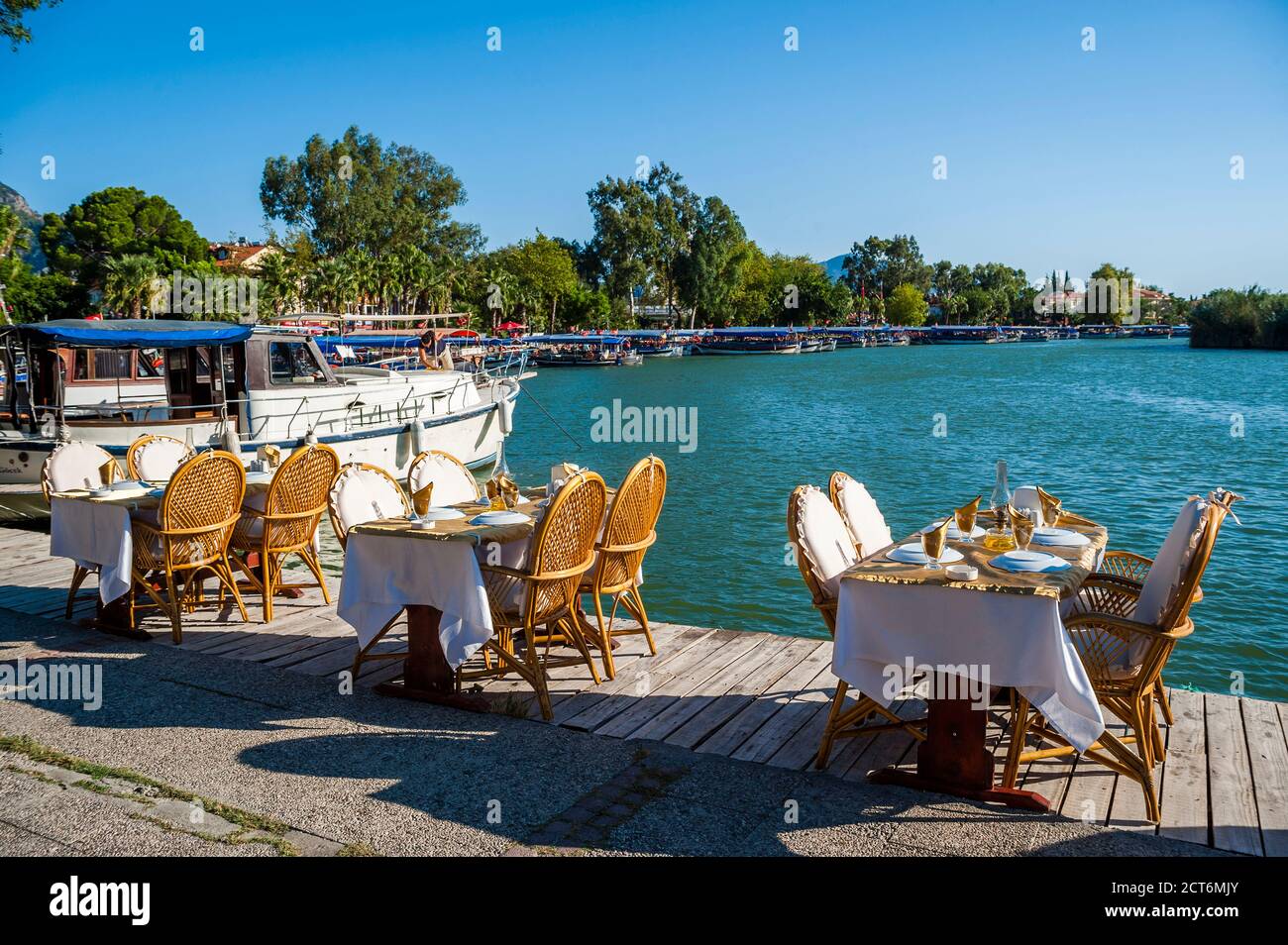 Water front restaurant, Dalyan, Mugla Province, Turkey, Eastern Europe Stock Photo