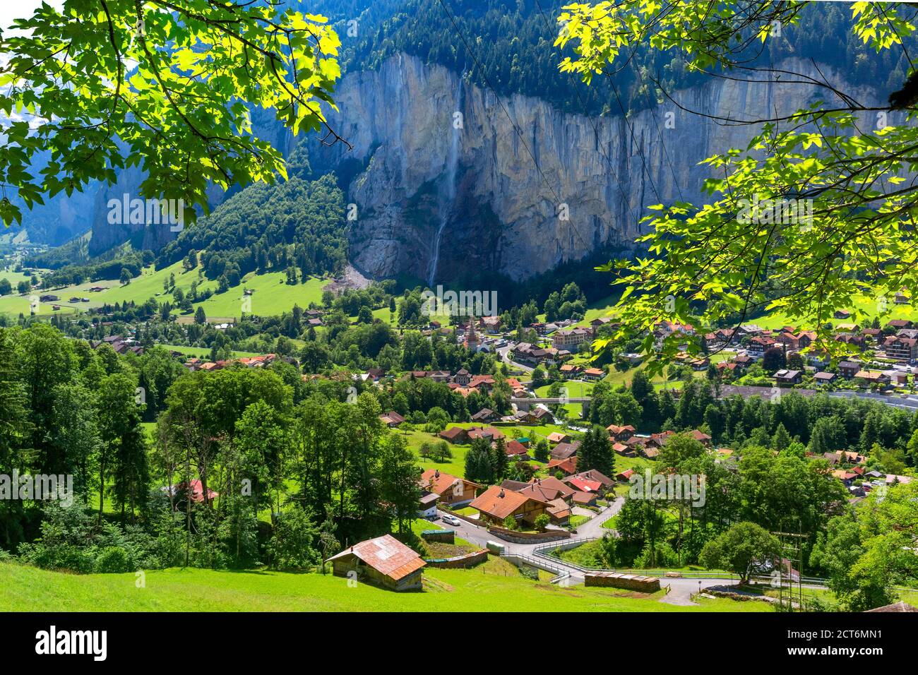 Lauterbrunnen valley, waterfall and the Lauterbrunnen Wall in Swiss Alps, Switzerland. Stock Photo