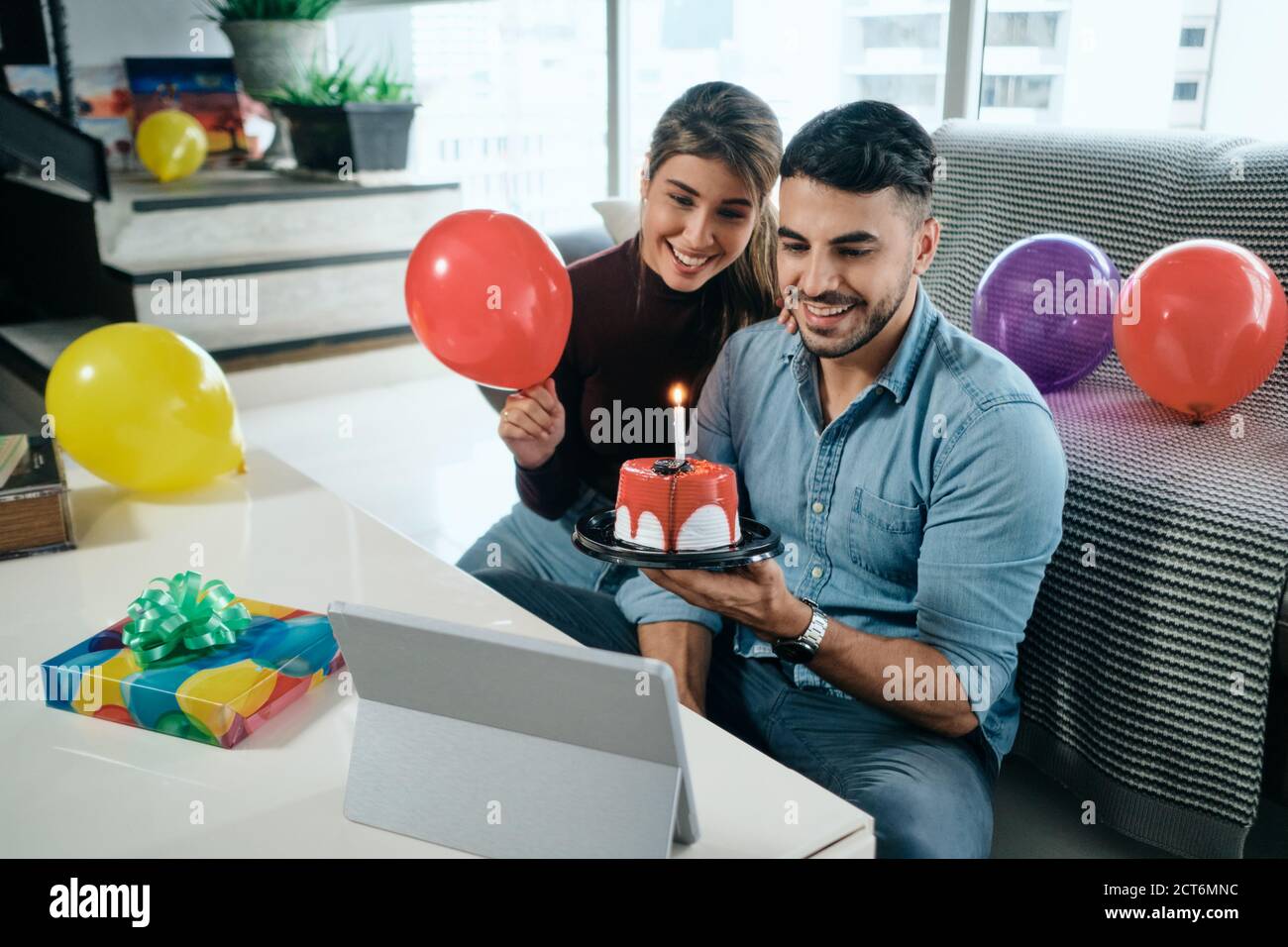 Happy People Celebrating Birthday Party Doing Video Call Stock Photo