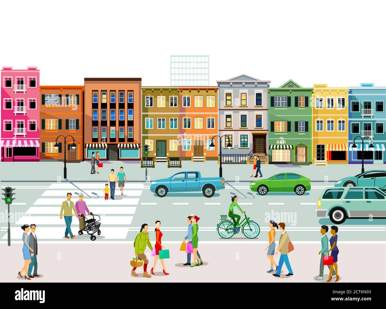 City with road traffic, apartment buildings and pedestrians on the sidewalk Stock Vector