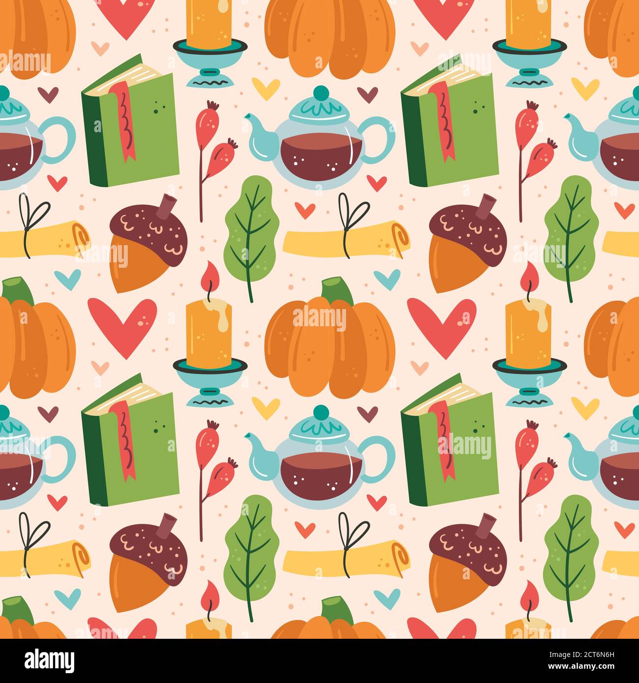 Autumn elements seamless pattern, texture, background. Pumpkin, acorn, candle, kettle, book, berries, leaf, message. Stock Vector