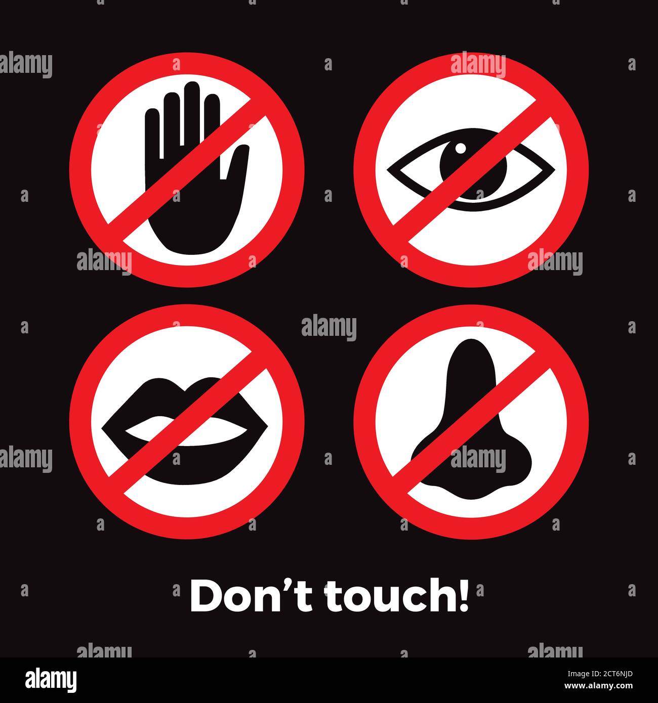 Don't touch sign hands, eyes, nose, mouth Stock Vector