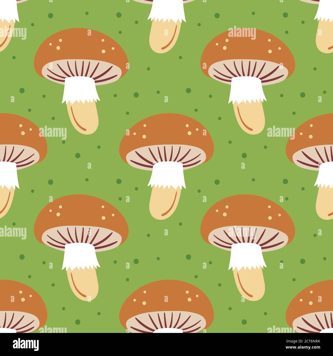 Autumn elements seamless pattern, texture. Mushroom on green background. Vegetable. Thanksgiving. Stock Vector