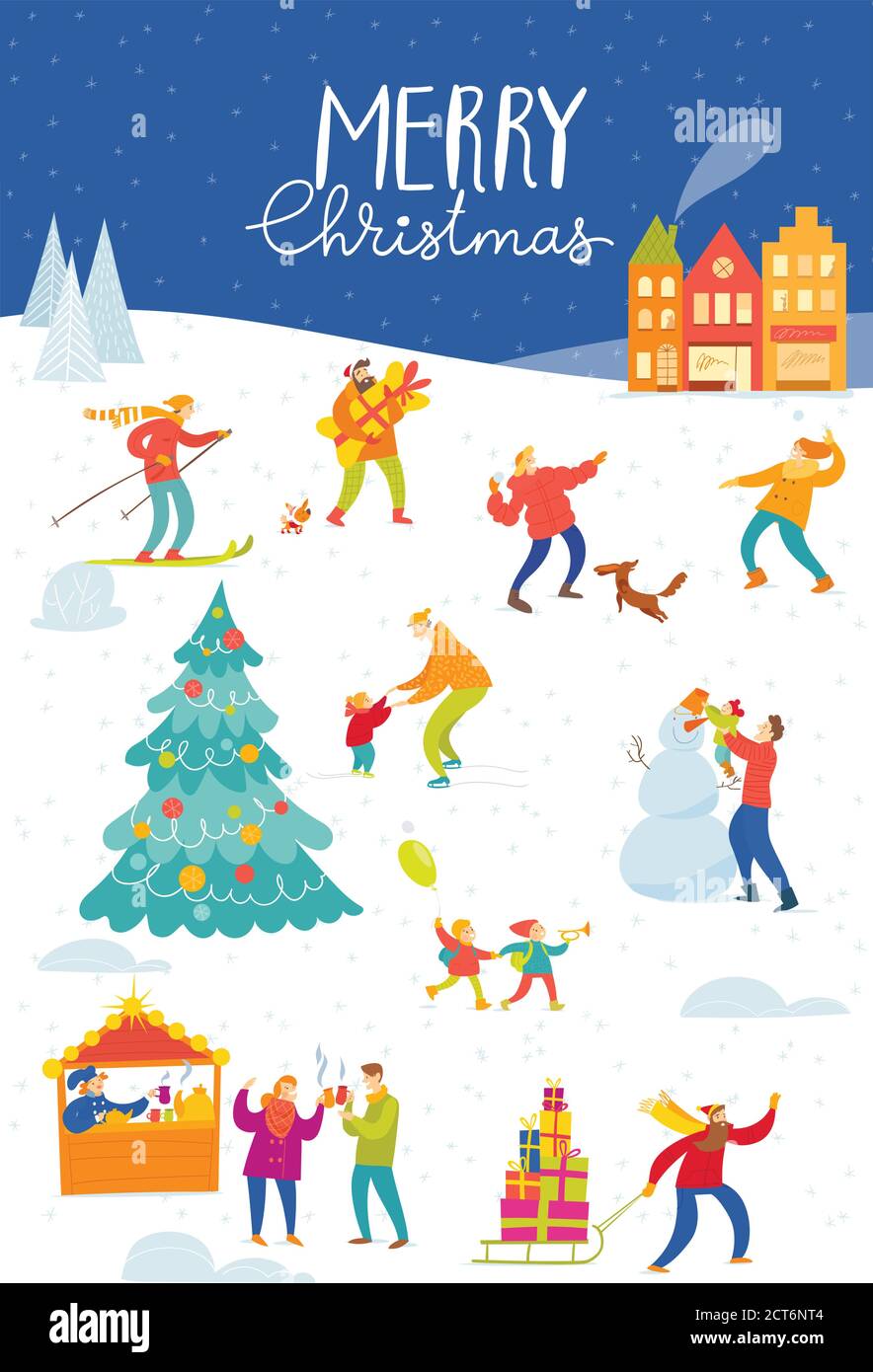 Merry Christmas card with people doing winter activities. Stock Vector
