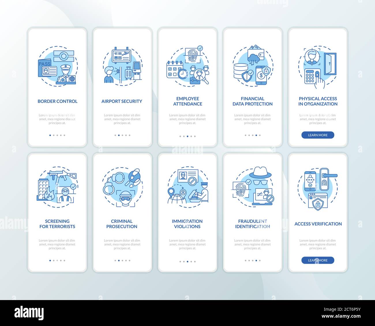 Biometrics usage onboarding mobile app page screen with concepts set Stock Vector