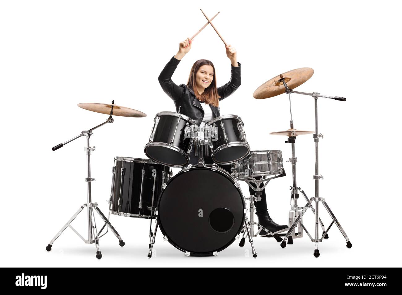 Young female drummer starting a drum session isolated on white