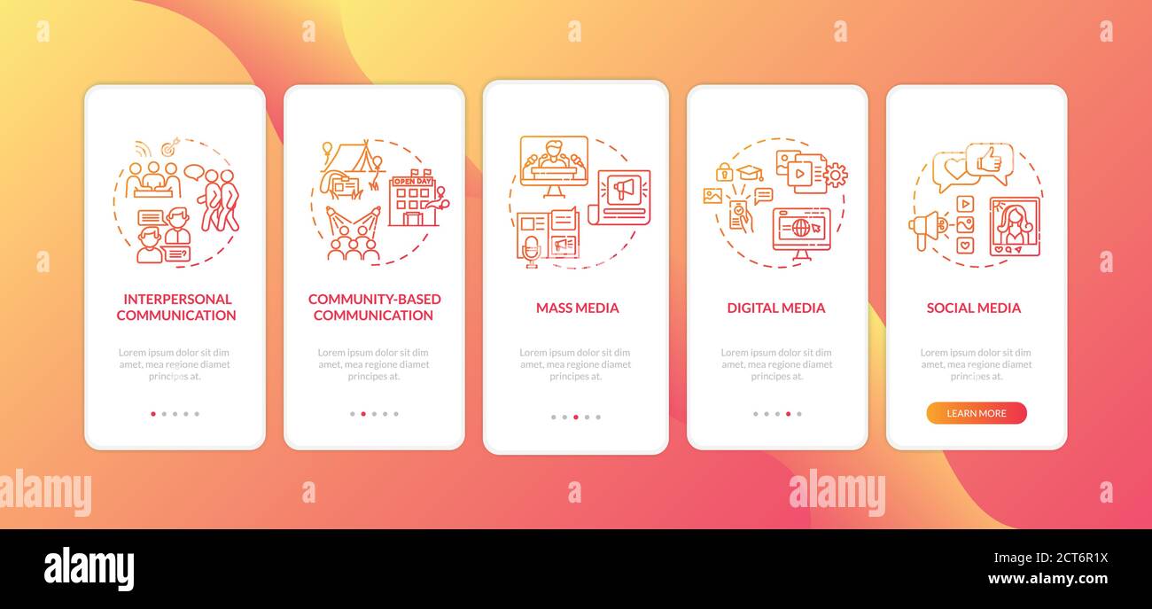 Communication channels onboarding mobile app page screen with concepts Stock Vector