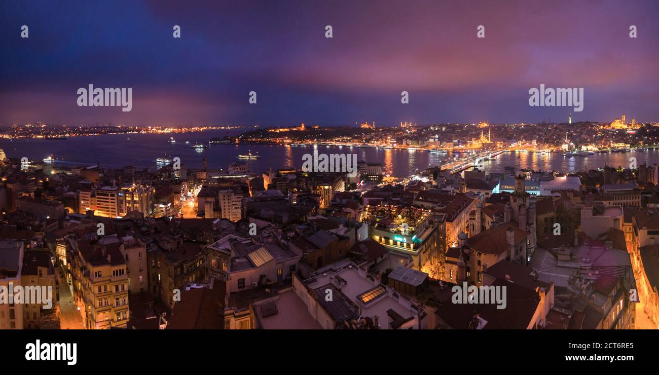 Istanbul at night, seen from Galata Tower, Turkey, Eastern Europe Stock Photo