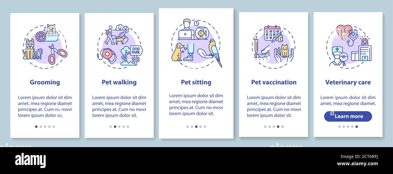 Pet services onboarding mobile app page screen with concepts Stock Vector