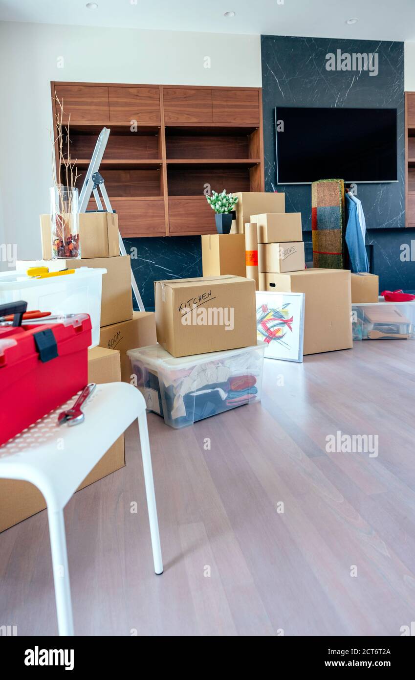 Living room with moving boxes Stock Photo Alamy
