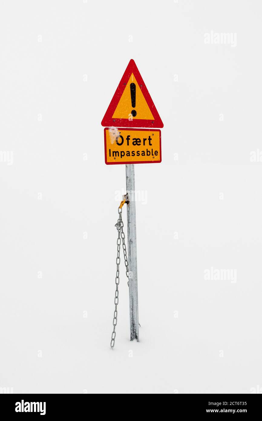 Road sign saying 'Ófært Impassable' on Langjökull glacier in Iceland Stock Photo