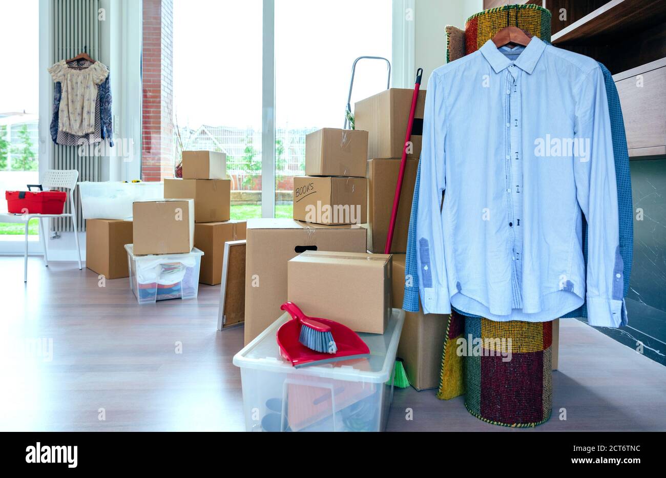 Living room with moving boxes Stock Photo