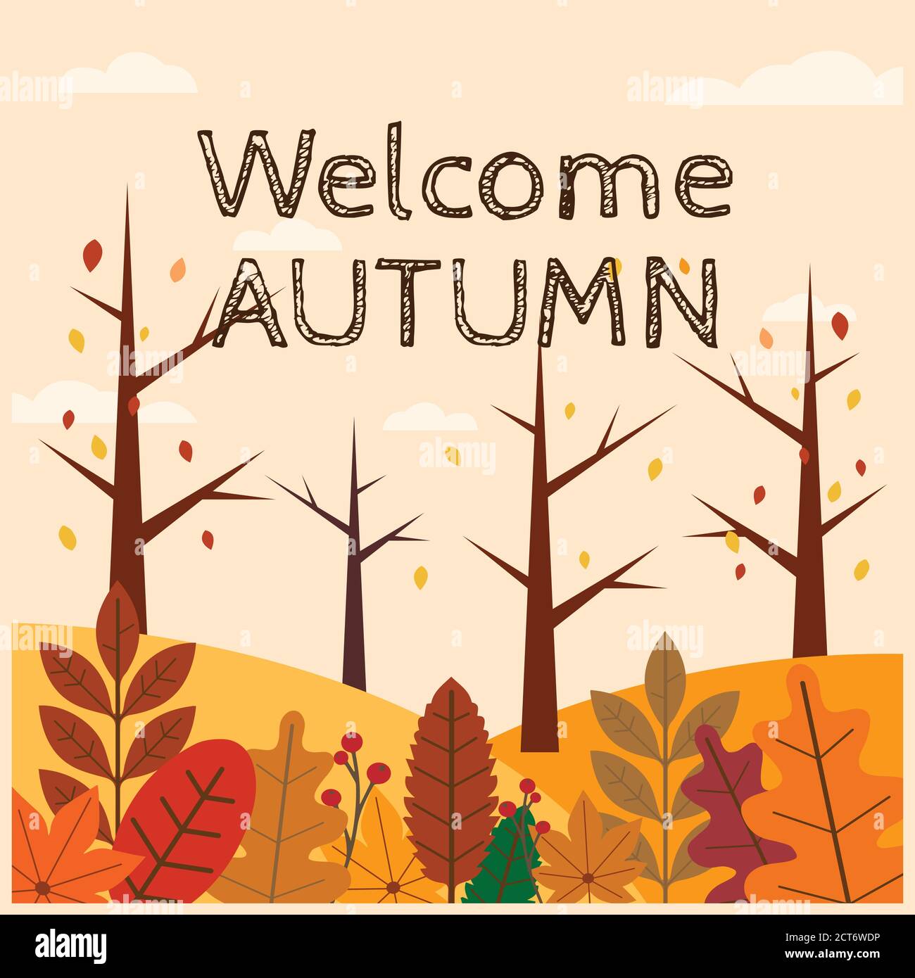 Welcome autumn vector background.Autumn season maple and oak leaves with greeting text in empty space background Stock Vector