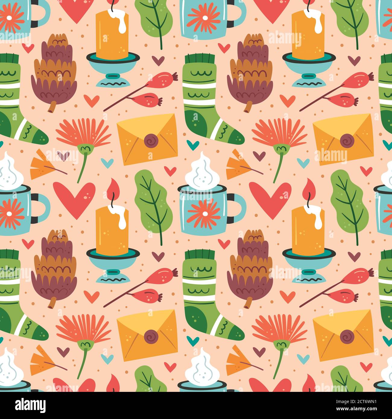 Autumn elements seamless pattern, texture, background. Letter, flower, sock, candle, leaf, cup, heart. Stock Vector