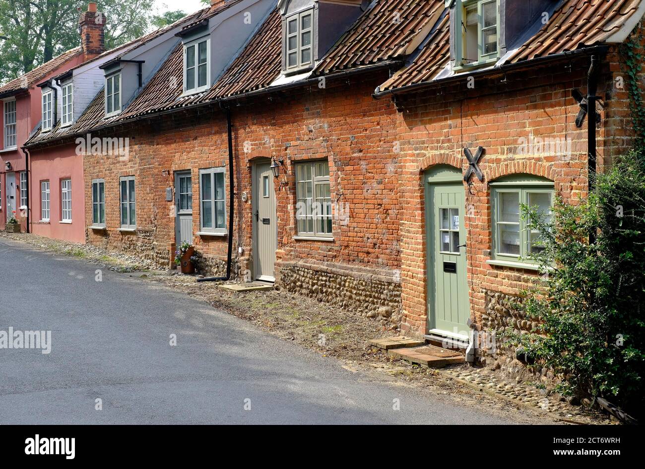 row of period terraced cottages, gunthorpe, north norfolk, england