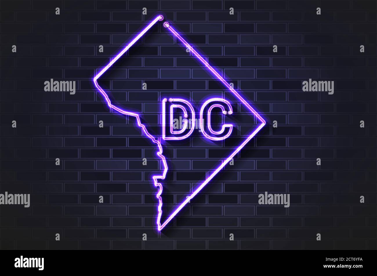 Washington DC or District of Columbia map glowing neon lamp or glass tube on a black brick wall Stock Vector