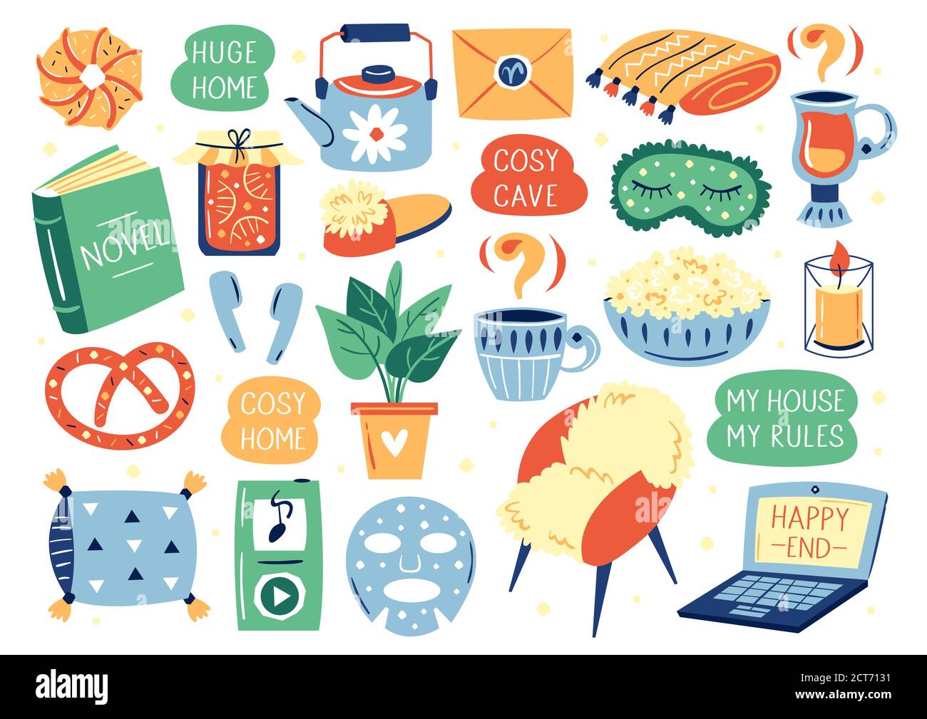Set of different cute lifestyle items. My house my rules. Cosy home. Coronavirus pandemic self isolation, protection. Flat colourful vector. Stock Vector