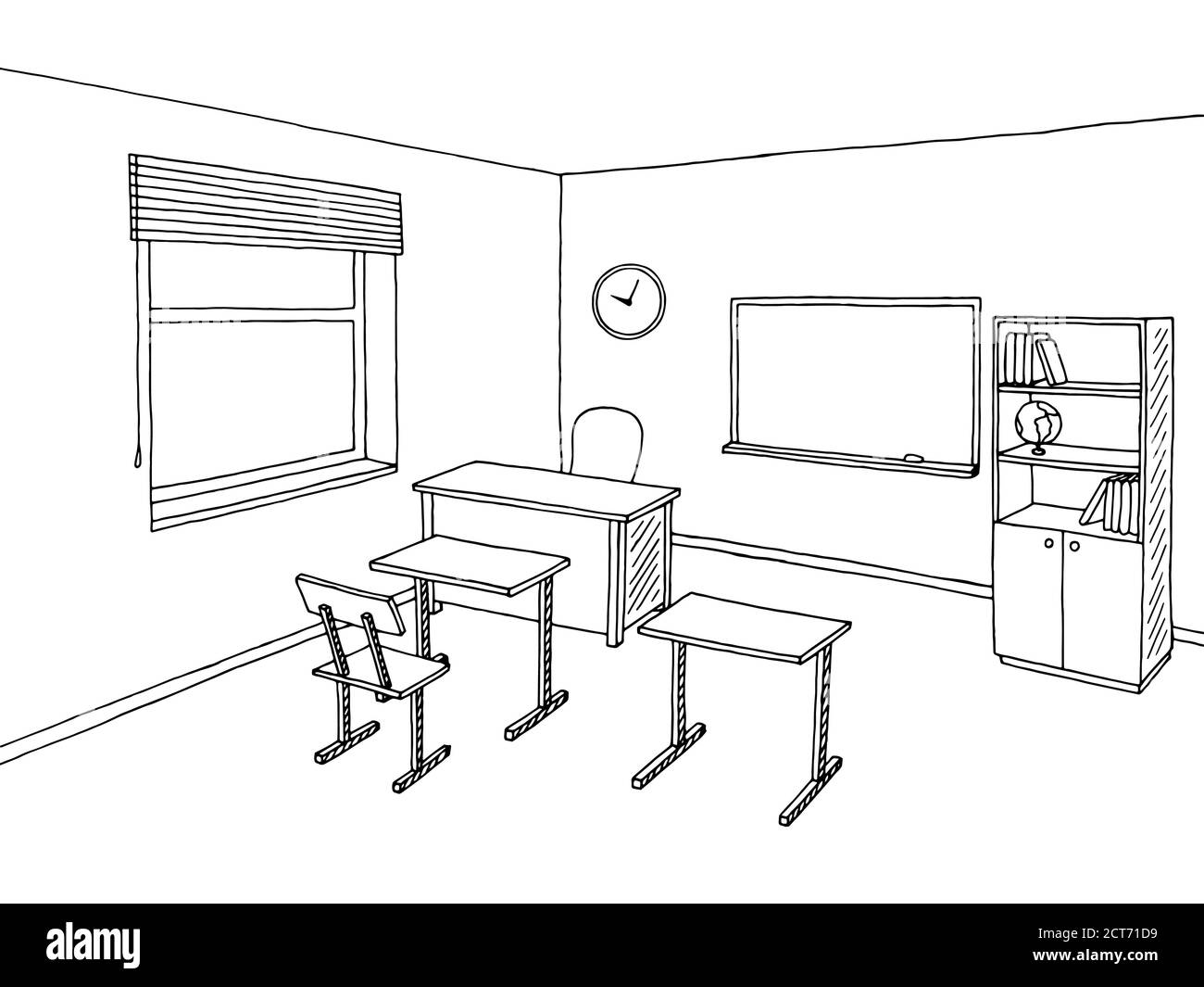 School classroom black white graphic art interior sketch illustration vector Stock Vector