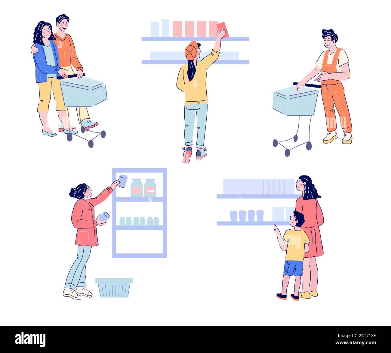 People in supermarket flat horizontal banner with people buying foods and goods. Stock Vector