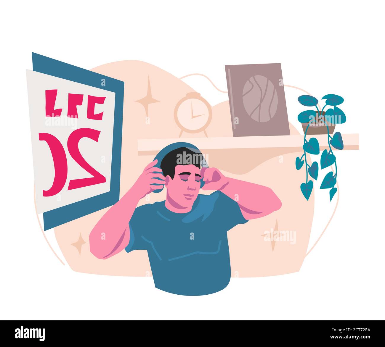 Young man in headphones listening to educational or entertaining podcast at home. Stock Vector