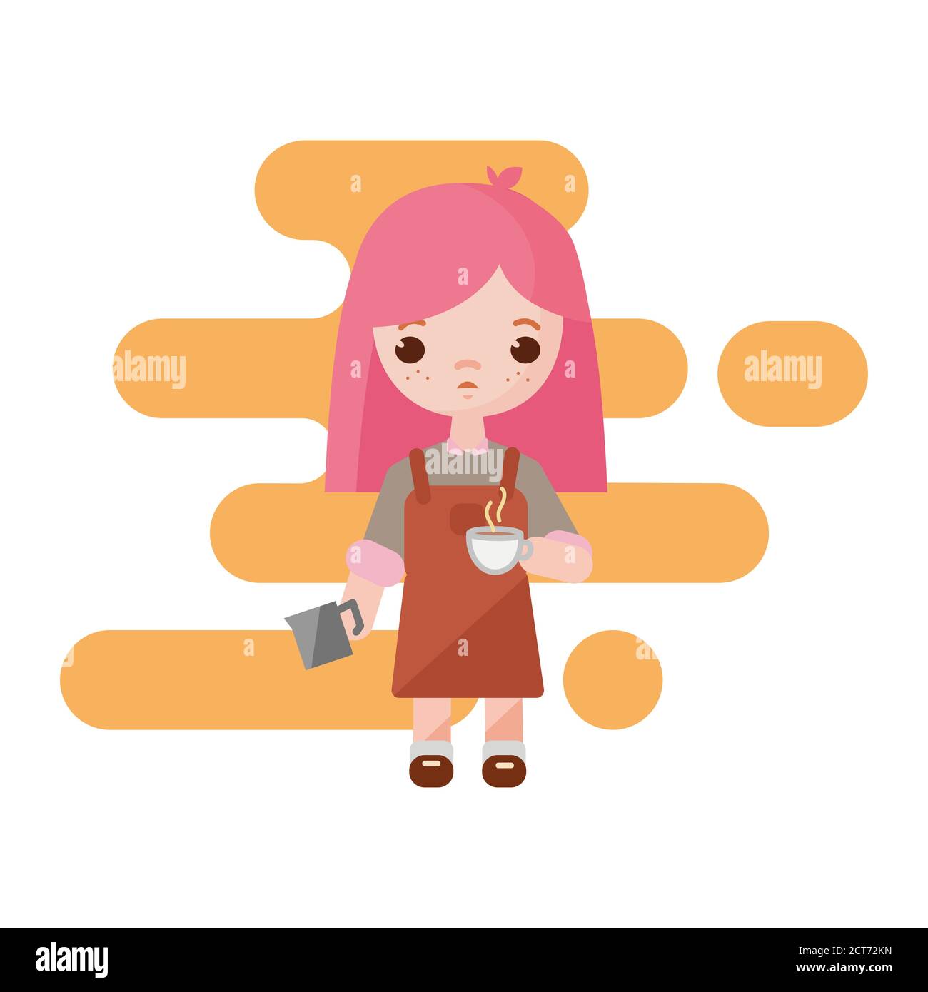 Cute little barista. Barista girl with a milk cup to coffee in hands. Girl barista isolated. Vector illustration. Stock Vector