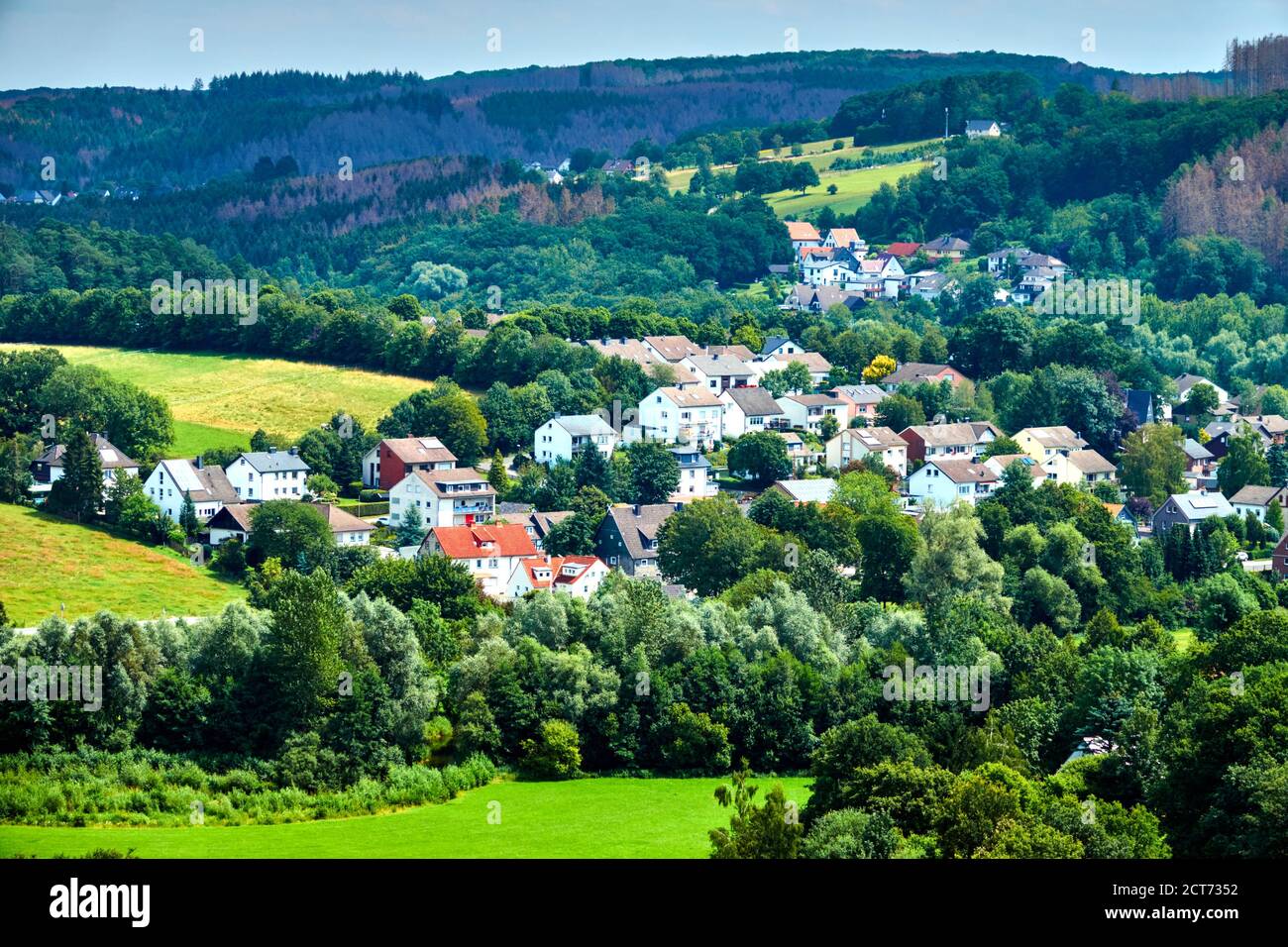 Aerial view of a village in the Sauerland near Dortmund, Germany, with