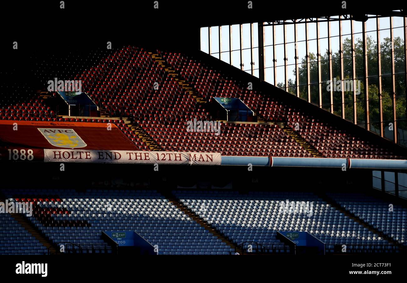 A view of the empty Holte End during the Premier League match at Villa Park, Birmingham. Stock Photo
