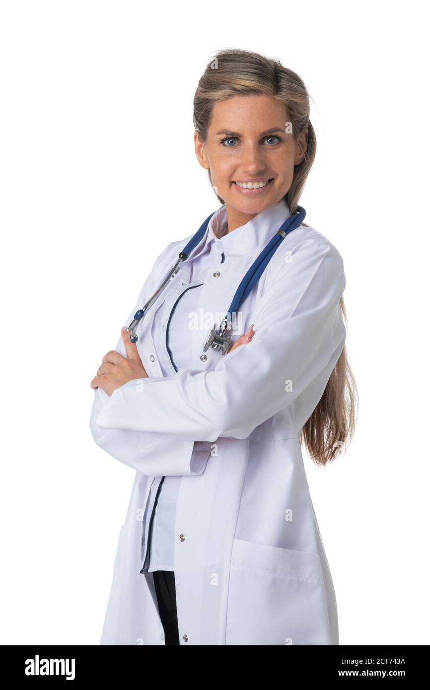 Portrait of female medical doctor with stethoscope standing with arms crossed and smiling isolated on white background Stock Photo