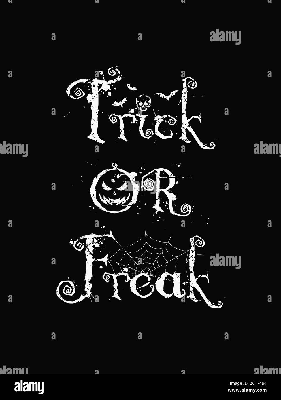 Trick or freak, funny text art illustration with different halloween symbols as jack o'lantern, skull, bats and spider web isolated on dark background Stock Photo