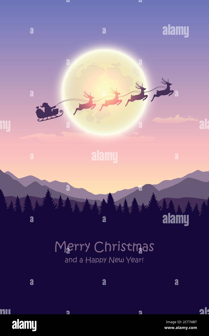 christmas banner santa claus in a sleigh with reindeer by full moon ...