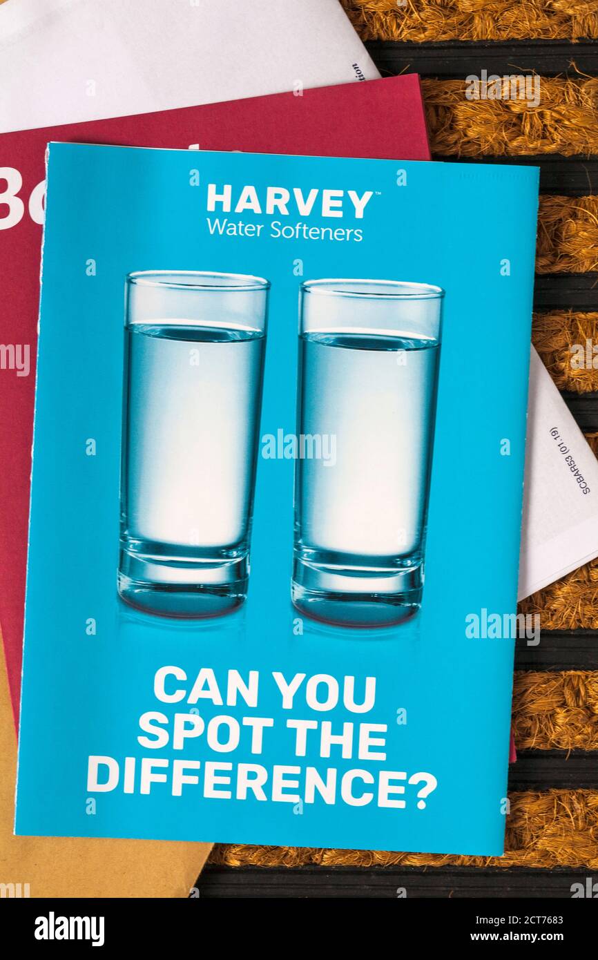 unsolicited mail junk mail on doormat - Harvey water softeners can you spot the difference? Stock Photo