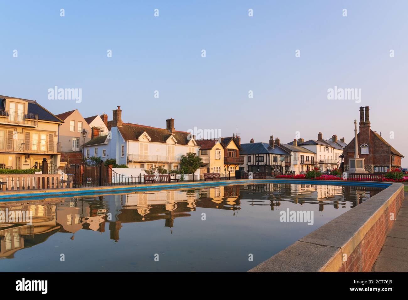 Aldeburgh, Suffolk. UK. 2020. View of the Moot Hall and War Memorial from the boating pond. Stock Photo