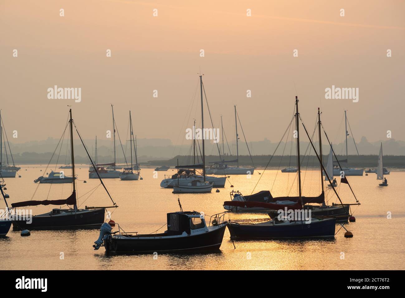 Slaughden, Aldeburgh, Suffolk. UK.  September 15th 2020.  Scene of yachts and boats moored on the River Alde at Aldeburgh Yacht Club in the evening. Stock Photo
