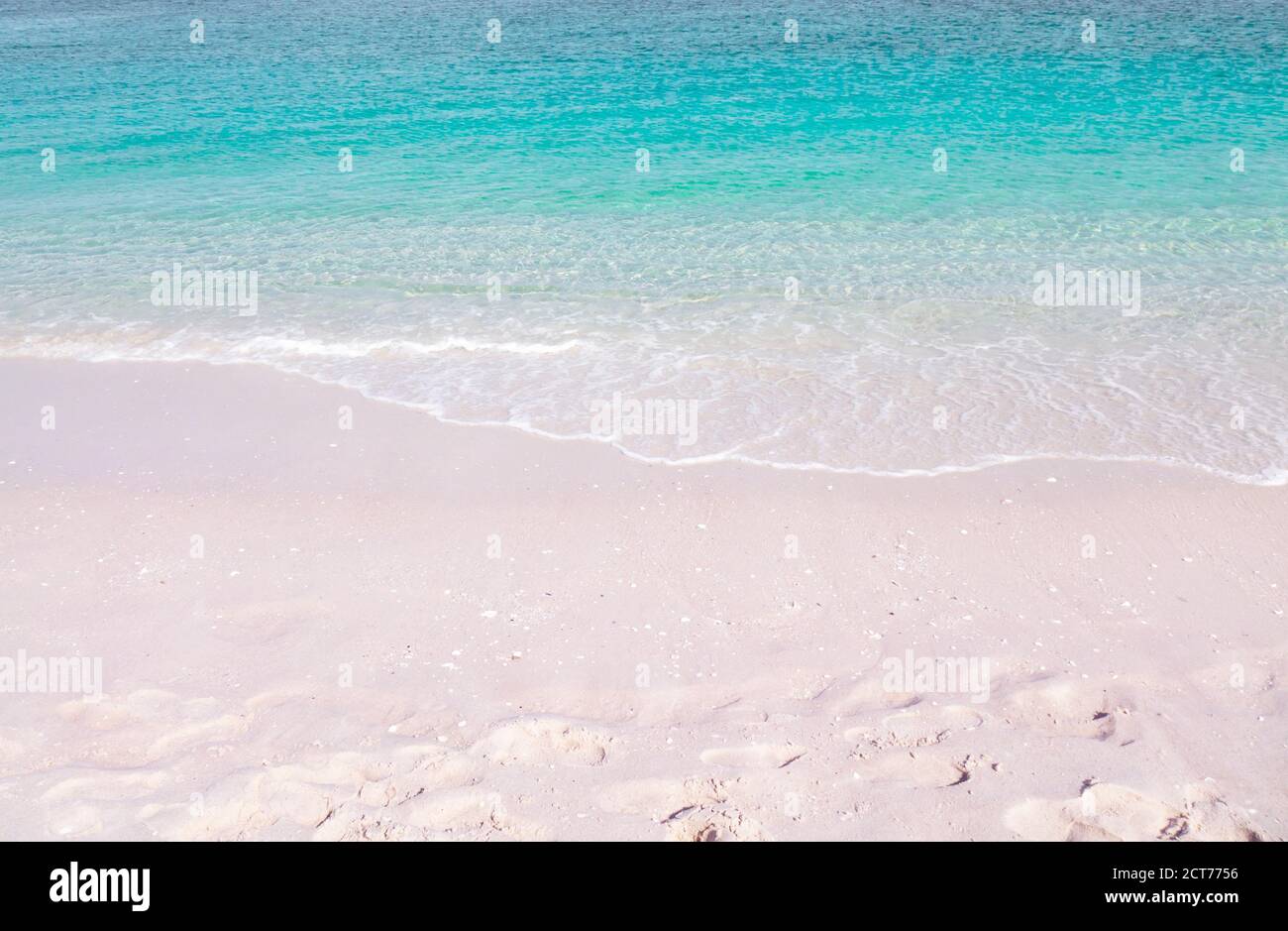 Pink sandy beach background. Crystal clear turquoise sea wave. Tropical summer paradise. Stock Photo