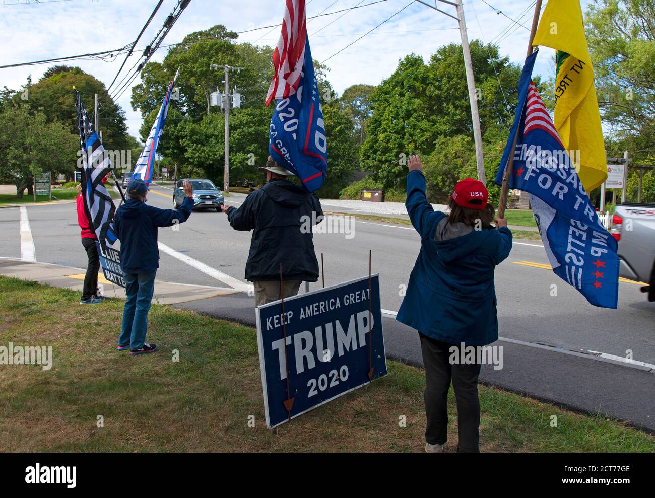 Roadside rally for the re-election of Donald Trump for President of the United States.  Brewster, Massachusetts, on Cape Cod, USA Stock Photo