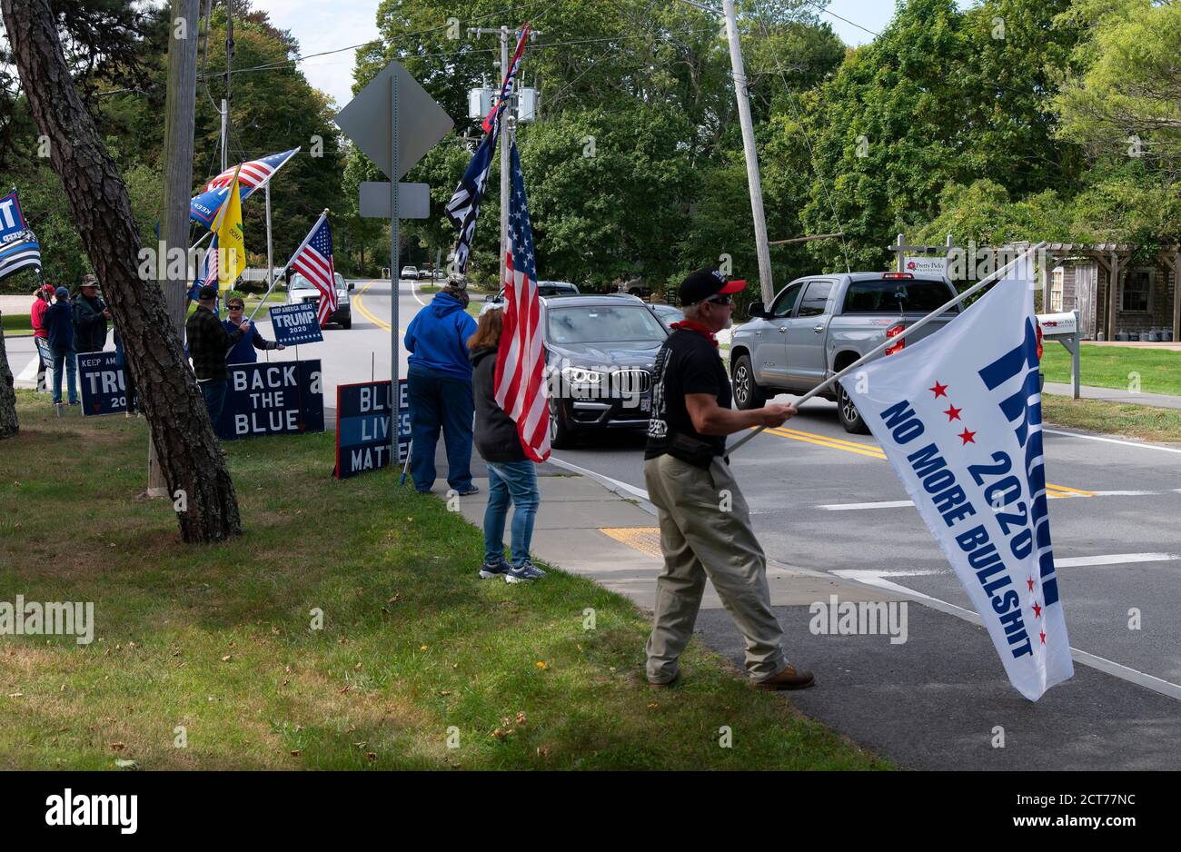 Roadside rally for the re-election of Donald Trump for President of the United States.  Brewster, Massachusetts, on Cape Cod, USA Stock Photo