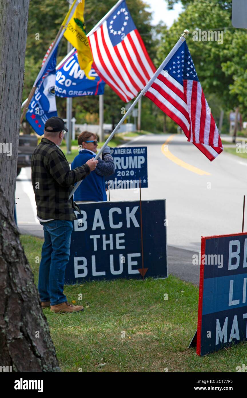 Roadside rally for the re-election of Donald Trump for President of the United States.  Brewster, Massachusetts, on Cape Cod, USA Stock Photo