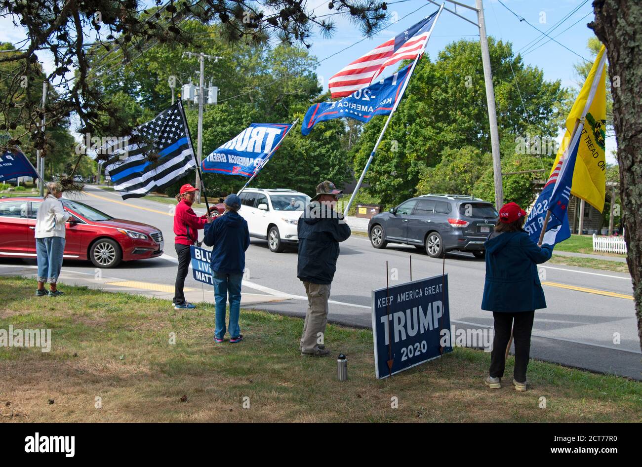 Roadside rally for the re-election of Donald Trump for President of the United States.  Brewster, Massachusetts, on Cape Cod, USA Stock Photo