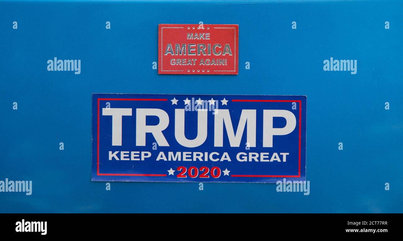 A bumper stickerfor the re-election of Donald Trump for President of the United States.  Brewster, Massachusetts, on Cape Cod, USA Stock Photo