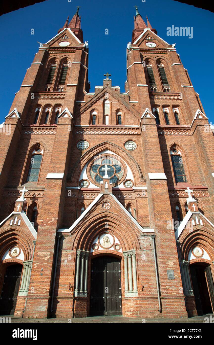 The facade of neo-Gothic St. Jacob's Catholic Church built in 1905 in small Sveksna town (Lithuania). Stock Photo